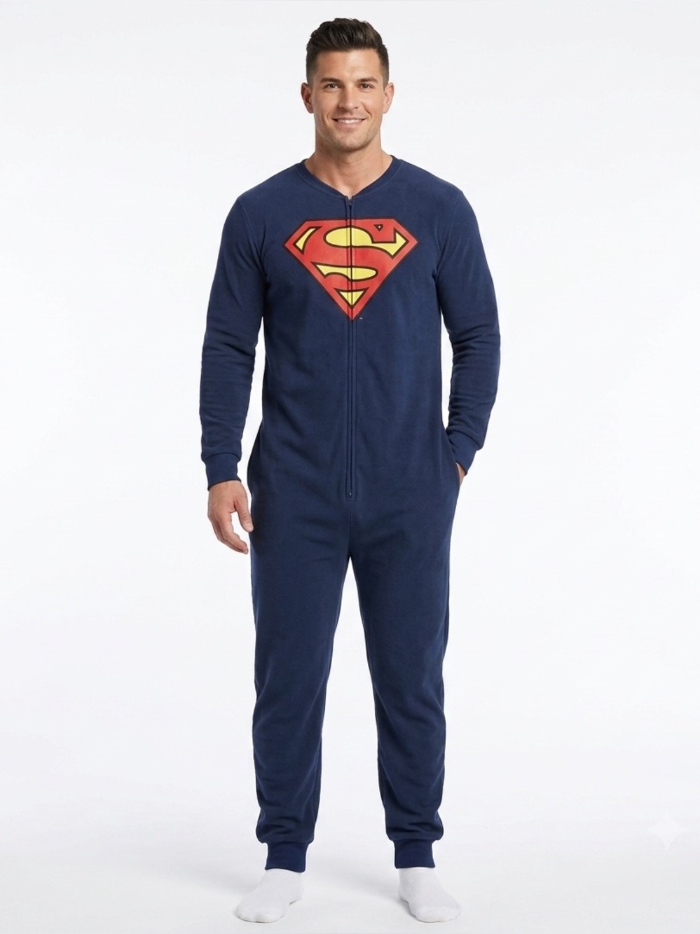𝅺TM MC & DC Comics Superman Fleece Men’s Size Large Lounge Onsie Footless